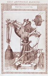 Żuraw, ilustracja z „Diverse Imaginary Machines” Agostino Ramelli, wydanej w Paryżu w 1588 r. (rycina miedziana)